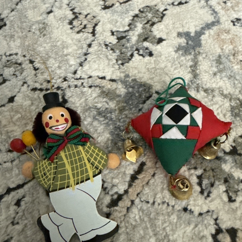 Lot Of 2 Vintage Wood Stuffed Christmas Ornaments 1980's Clown